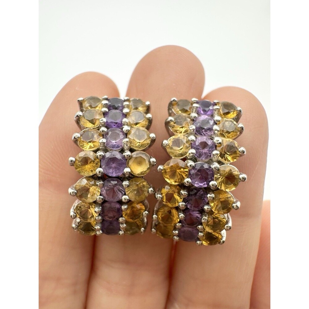 925 Sterling Silver Citrine Amethyst Earrings Half Hoop Post